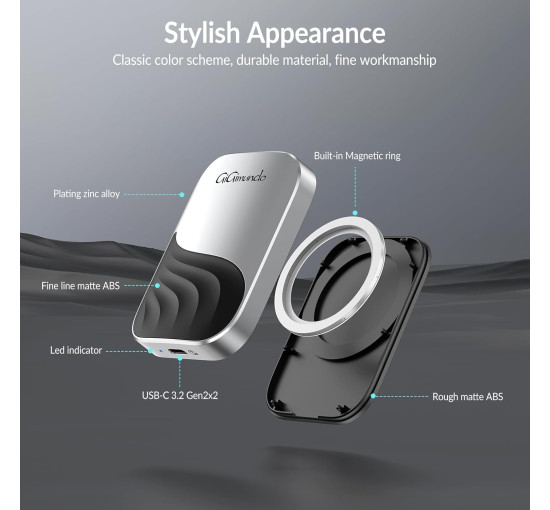 GiGimundo Портативний SSD-накопичувач M20 Magnetic SSD 512 ГБ, срібний (5083)