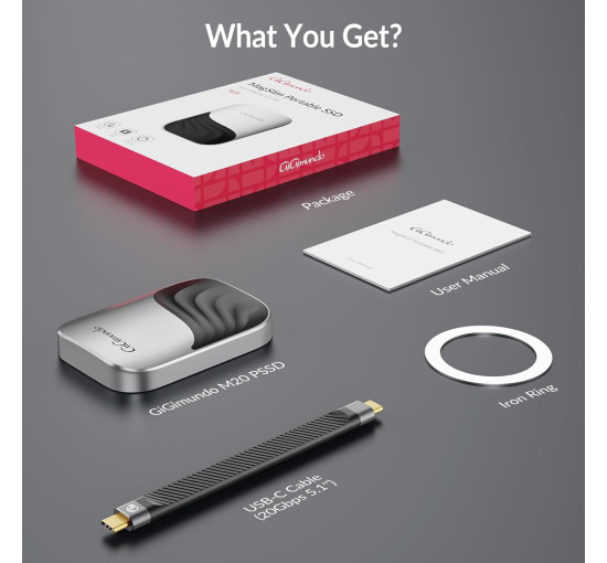 GiGimundo Портативний SSD-накопичувач M20 Magnetic SSD 512 ГБ, срібний (5083)
