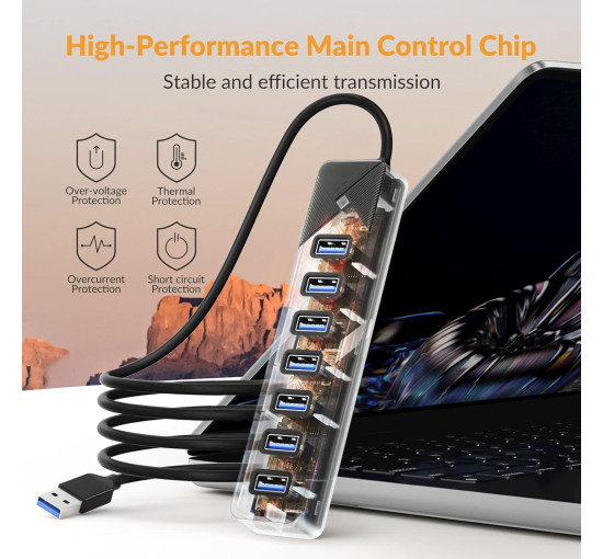 GiGimundo USB-хаб, PG7U 3.0, 7-портовий USB-розподільник, кабель довжиною 1м, чорний (5084)