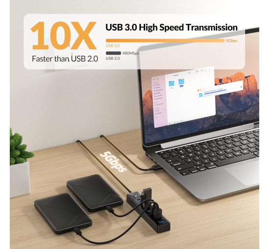 GiGimundo USB-хаб, PG7U 3.0, 7-портовий USB-розподільник, кабель довжиною 1м, чорний (5084)