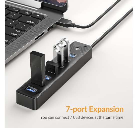 GiGimundo USB-хаб, PG7U 3.0, 7-портовий USB-розподільник, кабель довжиною 1м, чорний (5084)