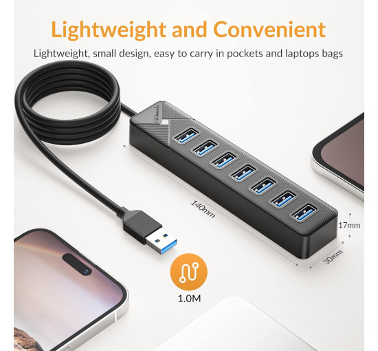 GiGimundo USB-хаб, PG7U 3.0, 7-портовий USB-розподільник, кабель довжиною 1м, чорний (5084)