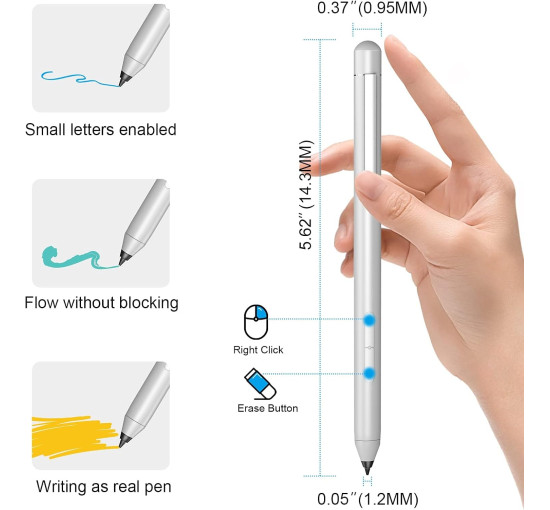 Hacey Стилус K2-C-Surface для Microsoft Surface Pro, з функцією відхилення долоні, 1024 рівні тиску, срібний (5081)