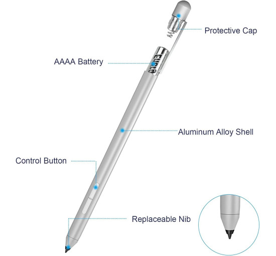 Hacey Стилус K2-C-Surface для Microsoft Surface Pro, з функцією відхилення долоні, 1024 рівні тиску, срібний (5081)