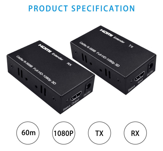 HDMI-подовжувач Ozvavzk MO-HD YCQ-01 60 м HDMI - RJ45 Ethernet через кабель Cat5e/Cat6, черний (3168)