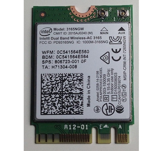 Intel Бездротовий адаптер WIRELESS-AC 3165 3165.NGWG, дводіапазонний, 1x1, AC+BT, M.2 (5029)