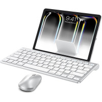 Комплект Bluetooth-клавиатуры и мыши OMOTON, совместимый со всеми сериями iPad, со сложным кронштейном, легкий и удобный, серебристый (2063)