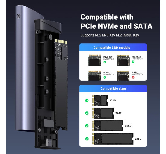Корпус для SSD UGREEN M2 модель CM578, корпус для NVME SATA M.2 SSD USB 3.2 GEN 2 10 Гбіт/с, сумісний з 970 EVO PLUS, 760P, срібній (0017)