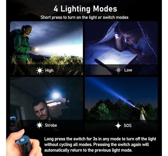 Ліхтарик акумуляторний Blukar K9132, регульована яскравість, тривалий час роботи, для кемпінгу, чорний (0049)