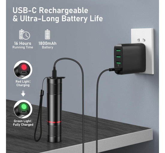 Ліхтарик акумуляторний Blukar K9132, регульована яскравість, тривалий час роботи, для кемпінгу, чорний (0049)