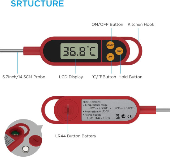 MixcMax Кухонний термометр для консервування, TP300, РК-дисплей, червоний (5015)