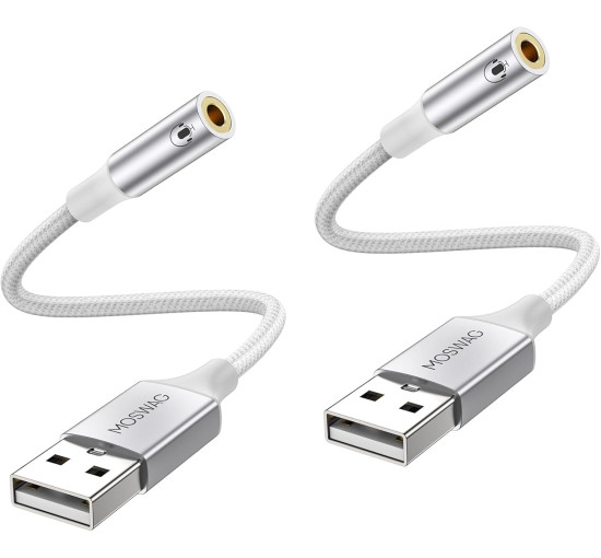 MOSWAG Аудіоадаптер USB - Aux, 20 см (2 шт.), білий (5001)