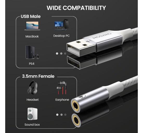 MOSWAG Аудіоадаптер USB - Aux, 20 см (2 шт.), білий (5001)