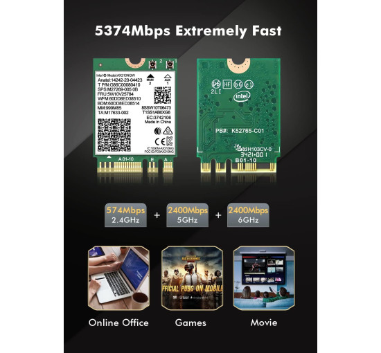 NICGIGA Бездротова карта для ноутбуків WiFi 6E Intel AX210 NGW, Bluetooth 5.3, Tri-Band 5400Mbps (5013)
