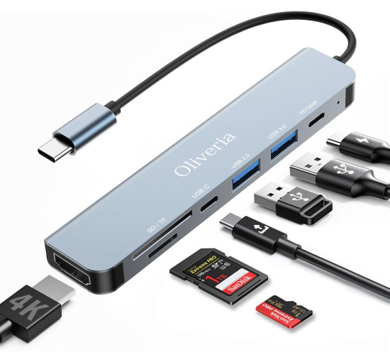 Многопортовый адаптер Oliveria USB C HUB с USB C на 4K HDMI, 7-в-1, 100 Вт (5027)