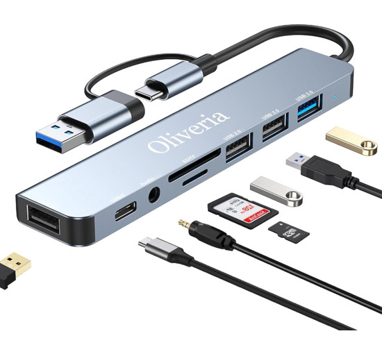 Многопортовый адаптер Oliveria со считывателем карт SD и TF, USB-C Hub 3.0, 8-в-1 (5026)
