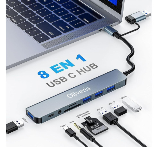Многопортовый адаптер Oliveria со считывателем карт SD и TF, USB-C Hub 3.0, 8-в-1 (5026)