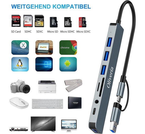 Многопортовый адаптер Oliveria со считывателем карт SD и TF, USB-C Hub 3.0, 8-в-1 (5026)