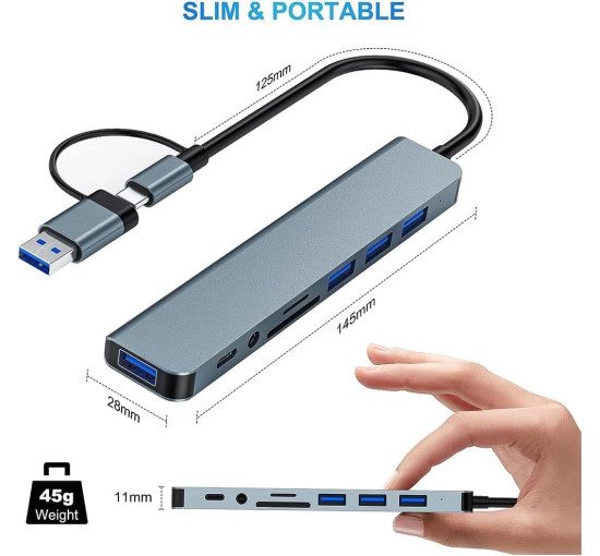 Многопортовый адаптер Oliveria со считывателем карт SD и TF, USB-C Hub 3.0, 8-в-1 (5026)