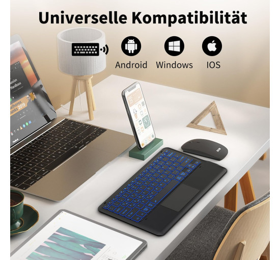 Підсвічена Bluetooth-клавіатура EasyAcc k03 з тачпадом, надлегка QWERTZ, бездротова клавіатура з 7 кольорами, чорна (2037)