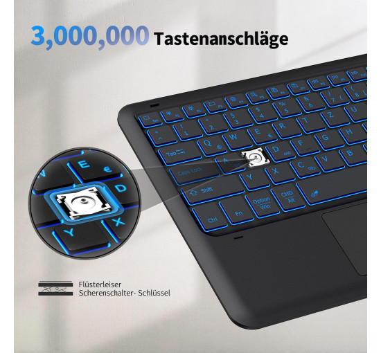 Підсвічена Bluetooth-клавіатура EasyAcc k03 з тачпадом, надлегка QWERTZ, бездротова клавіатура з 7 кольорами, чорна (2037)