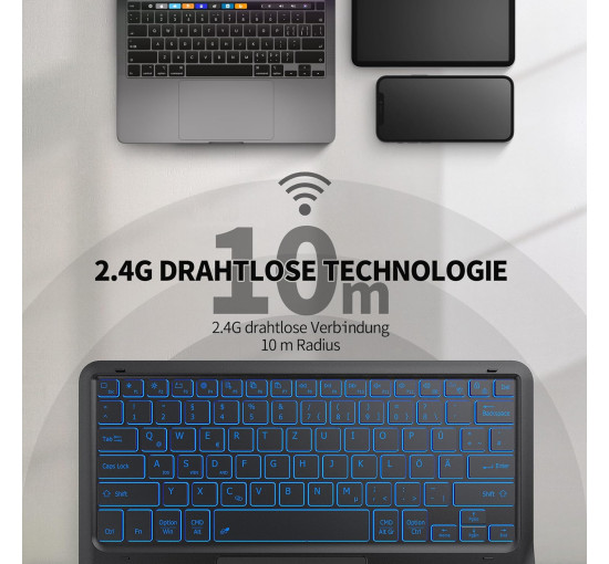 Підсвічена Bluetooth-клавіатура EasyAcc k03 з тачпадом, надлегка QWERTZ, бездротова клавіатура з 7 кольорами, чорна (2037)