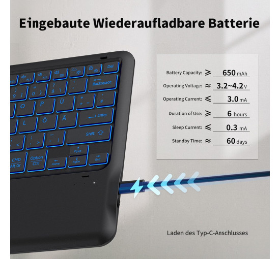 Підсвічена Bluetooth-клавіатура EasyAcc k03 з тачпадом, надлегка QWERTZ, бездротова клавіатура з 7 кольорами, чорна (2037)