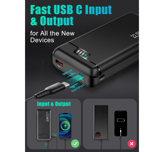 Портативний зарядний пристрій Lycosidae Power Bank 20000 мАг, потужністю 22,5 Вт із швидким заряджанням, чорний (0034)