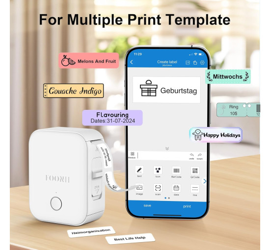 Принтер етикеток Foonii WP9525 Bluetooth із самоклеючимся етикетуванням, білий (2138)