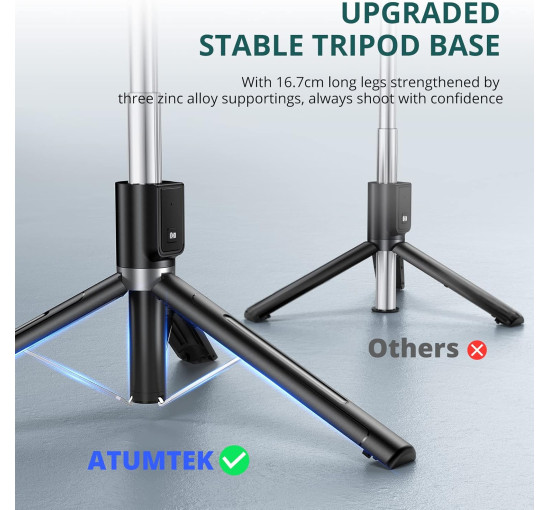 Штатив для селфі-палиці ATUMTEK 49" ATSS125 стабільна підставка-штатив зі знімним пультом дистанційного керування Bluetooth, чорний (0031)