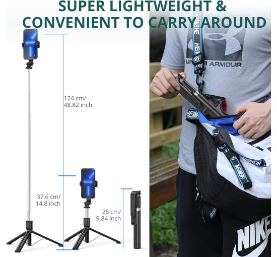 Штатив для селфі-палиці ATUMTEK 49" ATSS125 стабільна підставка-штатив зі знімним пультом дистанційного керування Bluetooth, чорний (0031)