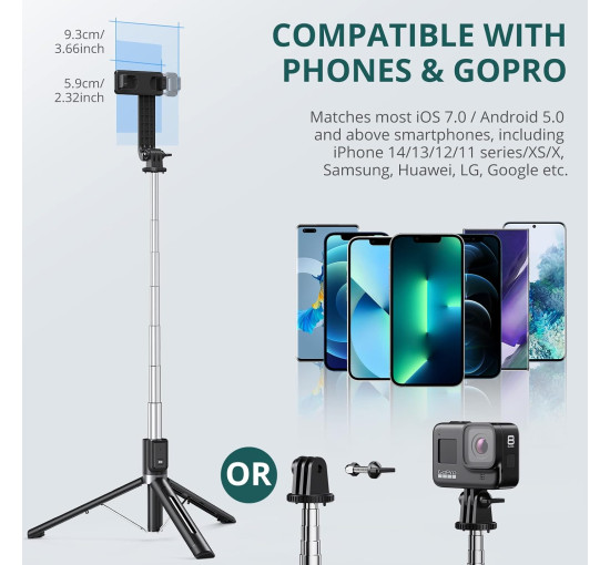 Штатив для селфі-палиці ATUMTEK 49" ATSS125 стабільна підставка-штатив зі знімним пультом дистанційного керування Bluetooth, чорний (0031)