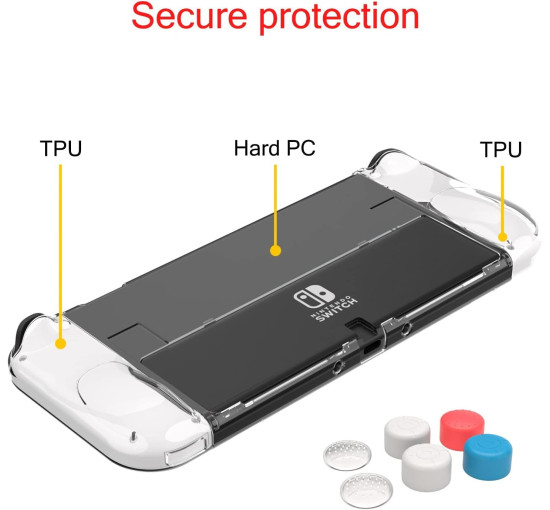 Teyomi Чохол TPU Joy-Con та твердий захисний чохол з ПК, з 6 накладками, прозорий (5092)