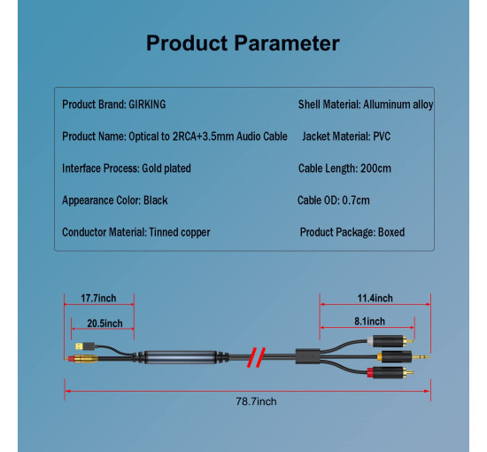 Цифровий оптоволоконний аудіокабель GIRKING GK-003 з 2RCA + 3,5 мм (3180)