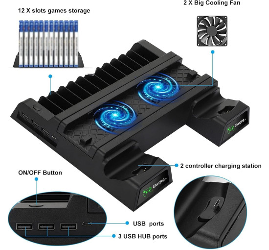 Вертикальная подставка охлаждения EEEKit для PS4 с 2 зарядными станциями для контроллеров, черный (3054)