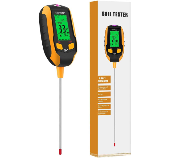 Вимірювач вологості ґрунту Esimen 4-в-1 РК-дисплей цифровий вимірювач температури рослин/вологості ґрунту/pH, жовтий (0157)
