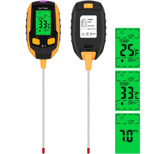 Вимірювач вологості ґрунту Esimen 4-в-1 РК-дисплей цифровий вимірювач температури рослин/вологості ґрунту/pH, жовтий (0157)