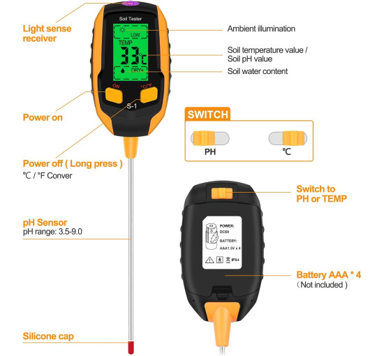 Вимірювач вологості ґрунту Esimen 4-в-1 РК-дисплей цифровий вимірювач температури рослин/вологості ґрунту/pH, жовтий (0157)