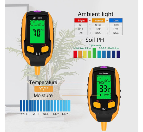 Вимірювач вологості ґрунту Esimen 4-в-1 РК-дисплей цифровий вимірювач температури рослин/вологості ґрунту/pH, жовтий (0157)