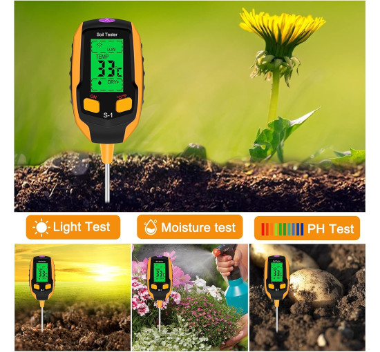 Вимірювач вологості ґрунту Esimen 4-в-1 РК-дисплей цифровий вимірювач температури рослин/вологості ґрунту/pH, жовтий (0157)