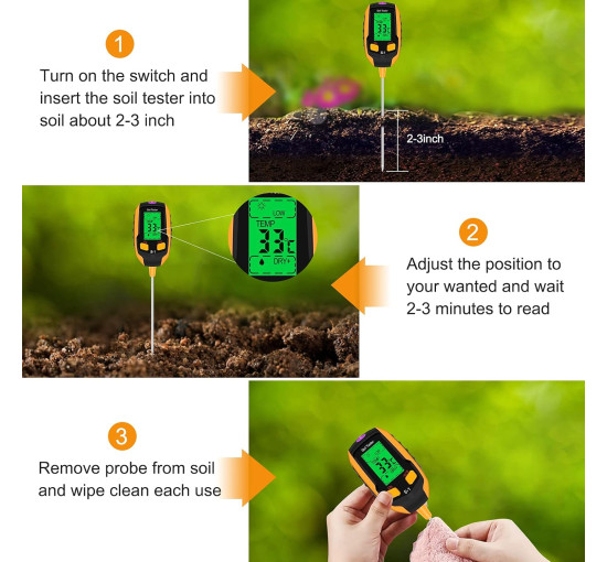 Вимірювач вологості ґрунту Esimen 4-в-1 РК-дисплей цифровий вимірювач температури рослин/вологості ґрунту/pH, жовтий (0157)