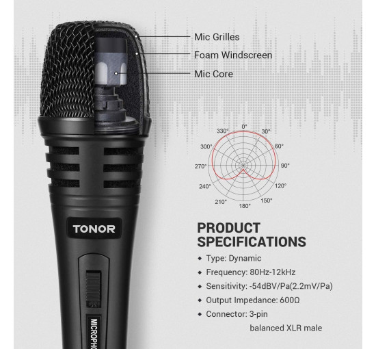 Вокальний мікрофон TONOR K1 TN492BL для співу, динамічний ручний дротовий караоке-мікрофон, мікрофон з кабелем 5 м XLR - 1/4 дюйма, чорний (0112)