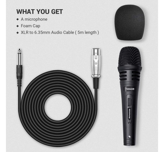 Вокальний мікрофон TONOR K1 TN492BL для співу, динамічний ручний дротовий караоке-мікрофон, мікрофон з кабелем 5 м XLR - 1/4 дюйма, чорний (0112)