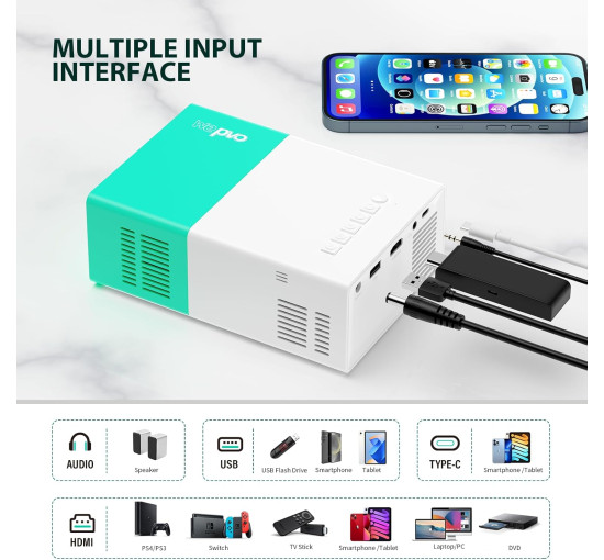 Wepvo Портативний кінопроектор YG300Plus із Wi-Fi, HDMI, TYPE-C, Wi-Fi 2.4G+5.8G, м'ятно-зелений (5112)