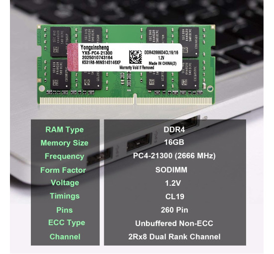 Yongxinsheng Модуль оновлення пам'яті DDR4 2666 МГц 16 ГБ, PC4-21300 SODIMM без ECC (5129)