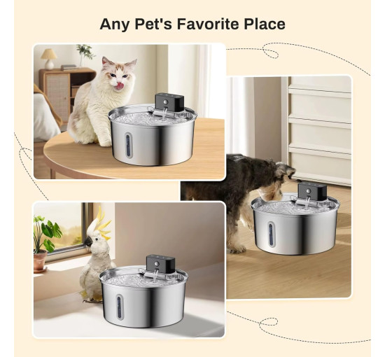 Бездротовий фонтанчик Generic PW-D04 для води для домашніх тварин з нержавіючої сталі об'ємом 3,2 л, срібний (3194)