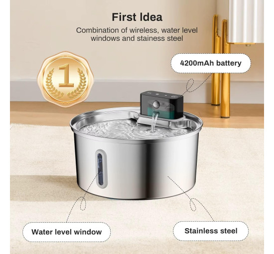 Бездротовий фонтанчик Generic PW-D04 для води для домашніх тварин з нержавіючої сталі об'ємом 3,2 л, срібний (3194)