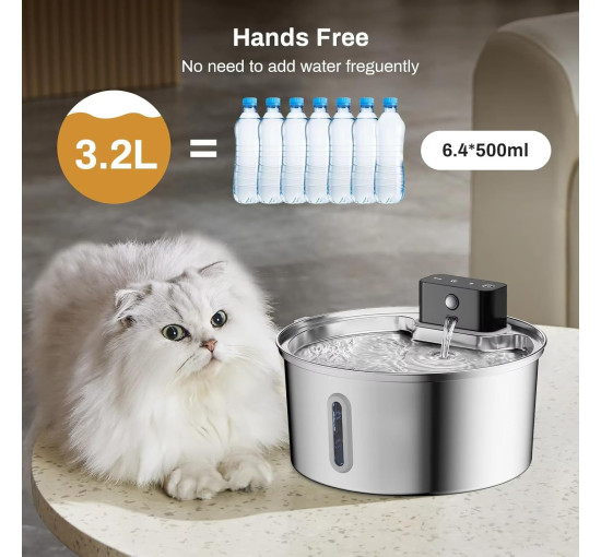 Бездротовий фонтанчик Generic PW-D04 для води для домашніх тварин з нержавіючої сталі об'ємом 3,2 л, срібний (3194)