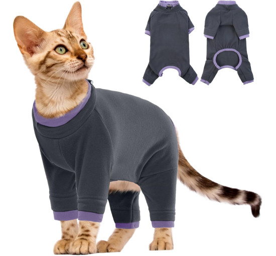 Флисовый джемпер PUMYPOREITY для кошек, послеоперационный боди с высоким воротником, черный (3182)