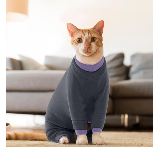 Флисовый джемпер PUMYPOREITY для кошек, послеоперационный боди с высоким воротником, черный (3182)